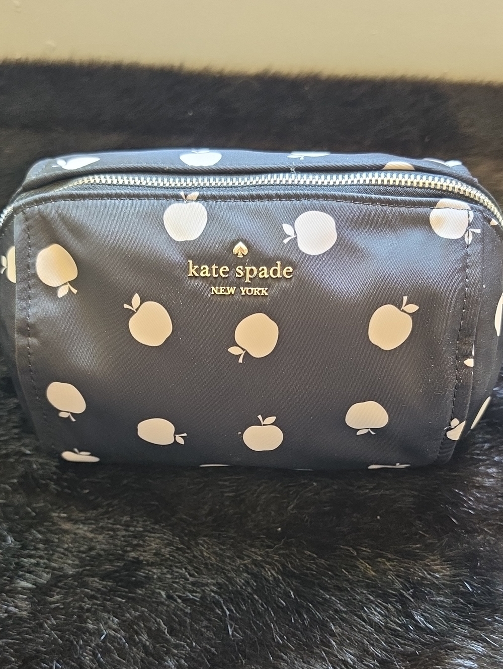 Kate Spade Black Cosmetic Pouch with Cream Apple Print